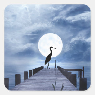 Silhouette Heron on Pier with a Full Moon Beach Square Sticker
