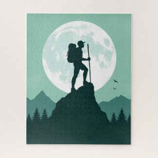 Silhouette Hiker on Peak with Moon and Mountains Jigsaw Puzzle
