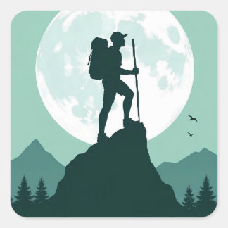 Silhouette Hiker on Peak with Moon and Mountains Square Sticker