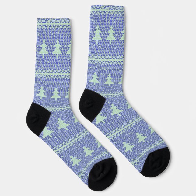 Silhouette Holiday Trees Pattern on Blue Socks (Right)
