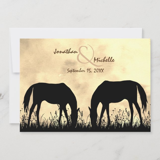 Silhouette Horses Grazing in Field Sunset Wedding Invitation (Front)