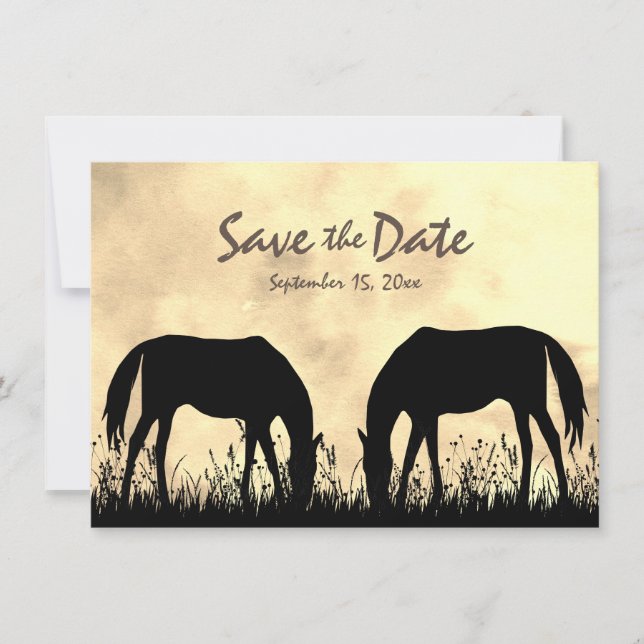 Silhouette Horses Grazing in Field Sunset Wedding Save The Date (Front)