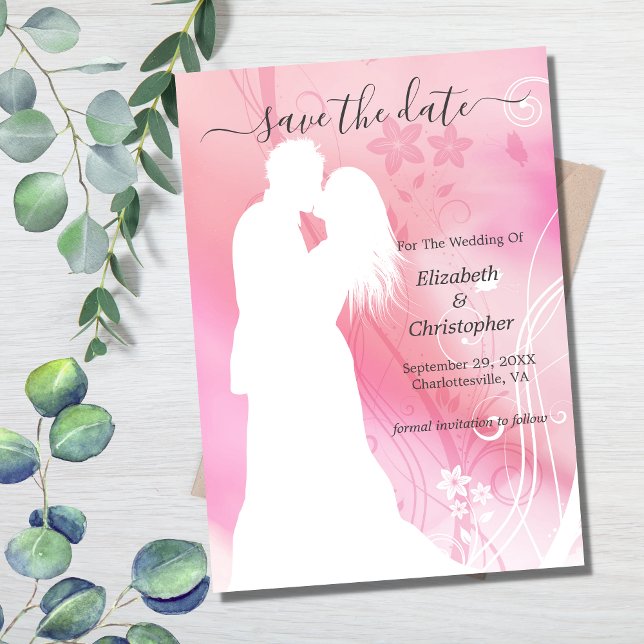 Silhouette Kissing Couple Pink White Floral  Save The Date (Creator Uploaded)