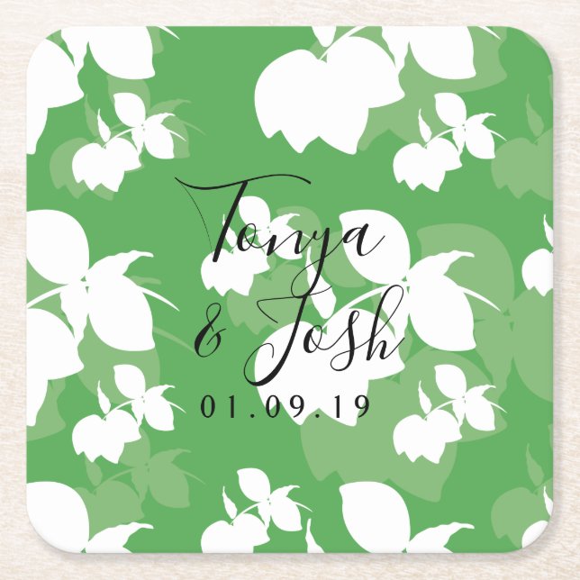 Silhouette Lemon Lime Modern Wedding Square Paper Coaster (Front)