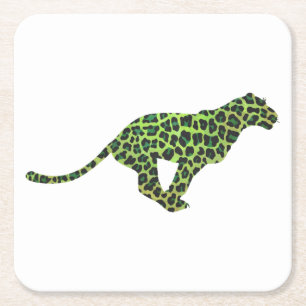 Silhouette Leopard Black and Green Square Paper Coaster