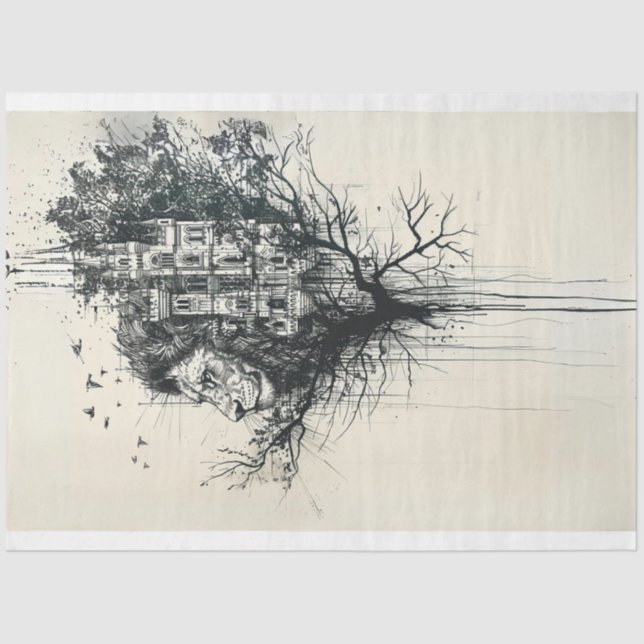 Silhouette Lion Head in Tree Decoupage Tissue Paper (Front)