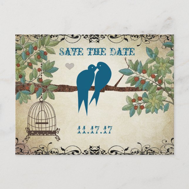 Silhouette Love Birds Bird Cage Tree Save the Date Announcement Postcard (Front)