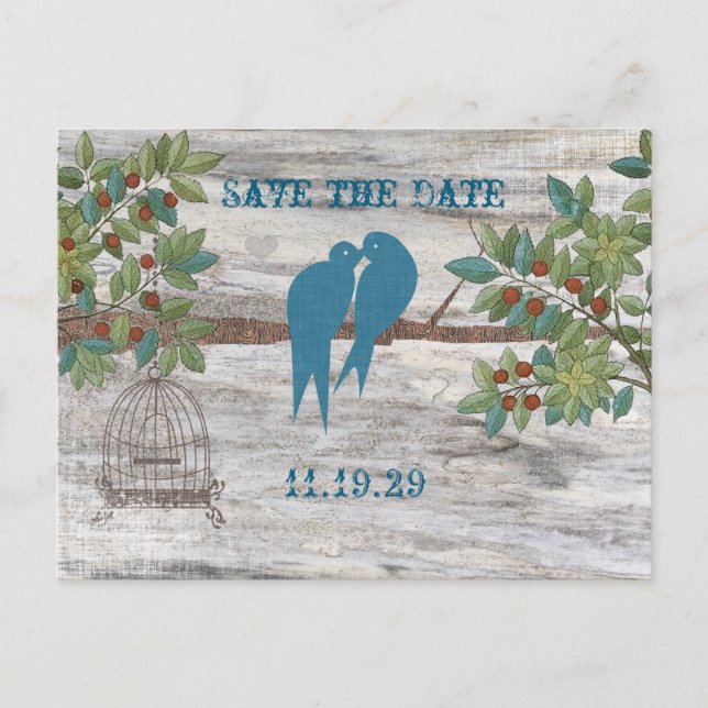 Silhouette Love Birds Bird Cage Tree Save the Date Announcement Postcard (Front)