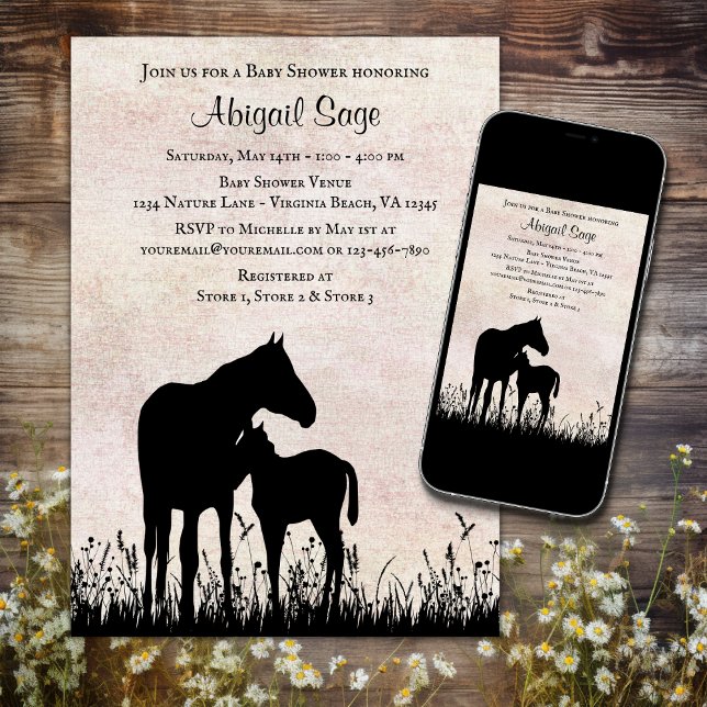 Silhouette Mare and Foal Horse Baby Shower Invitation (Printed and Digital - Pretty Silhouette Mare and Foal Horse Baby Shower Invitation)