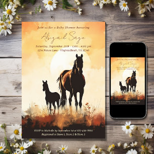 Silhouette Mare and Foal Sunset Horse Baby Shower Invitation