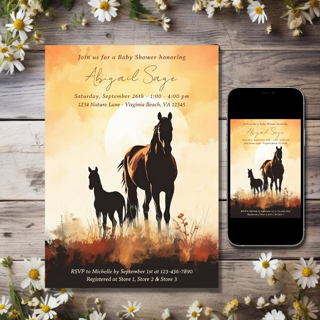 Silhouette Mare and Foal Sunset Horse Baby Shower Invitation (Printed and Digital - Silhouette Mare and Foal Sunset Horse Baby Shower Invitation)
