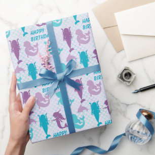 Silhouette Mermaids Aqua Fish Pattern Birthday Wrapping Paper