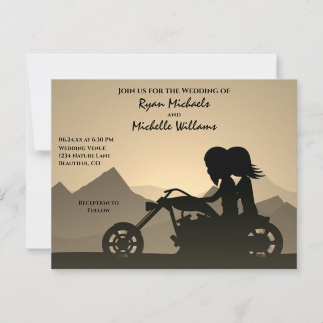 Silhouette Motorcycle Couple Mountain Wedding  Invitation (Front)