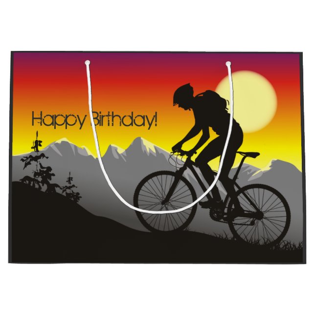 Silhouette Mountain Bike Happy Birthday Large Gift Bag (Front)