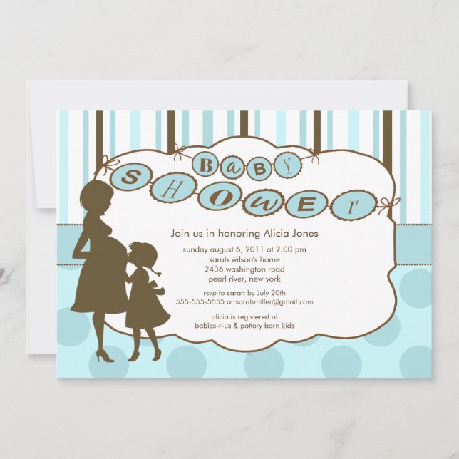 Silhouette Mum Baby Shower Baby Boy Blue Brown Invitation (Front)