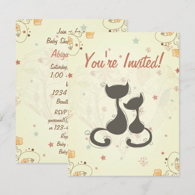 Silhouette Mum Cat and Kitten Baby Shower Invite (Front/Back)