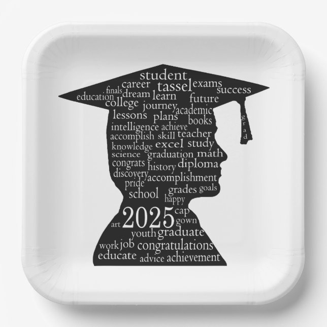 Silhouette of 2025 Boy Graduate on White  Paper Plate (Front)