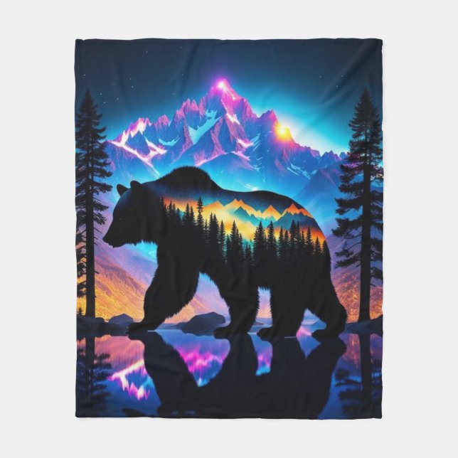 Silhouette of a Bear Showing Nature Landscape Fleece Blanket (Front)