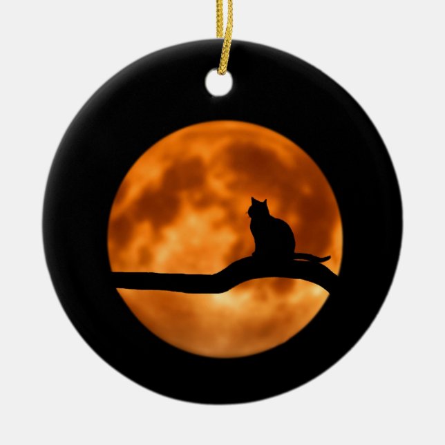 Silhouette of a Black Cat in a Tree Ceramic Ornament (Front)