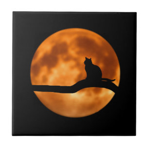 Silhouette of a Black Cat in a Tree Ceramic Tile