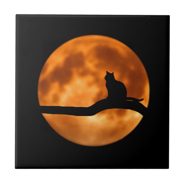 Silhouette of a Black Cat in a Tree Ceramic Tile (Front)