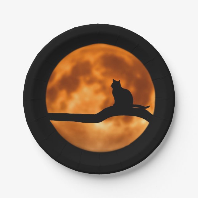 Silhouette of a Black Cat in a Tree Paper Plate (Front)