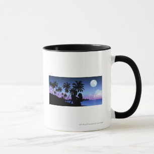 Silhouette of a couple embracing on the beach mug