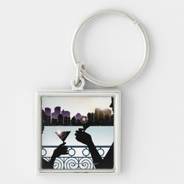 Silhouette of a couple toasting martini glasses key ring (Front)
