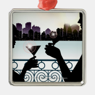 Silhouette of a couple toasting martini glasses metal ornament