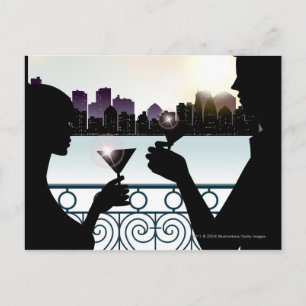 Silhouette of a couple toasting martini glasses postcard