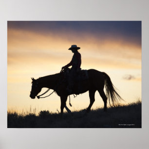 Silhouette of a Cowgirl on her horse against the Poster