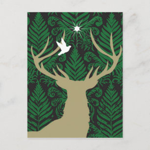 Silhouette of a deer, a dove and a star against a postcard