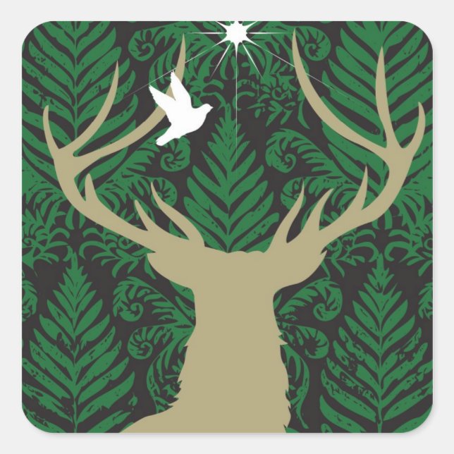 Silhouette of a deer, a dove and a star against a square sticker (Front)