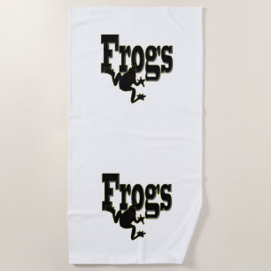 Silhouette of a Frog Climbing into the Word 'Frogs Beach Towel