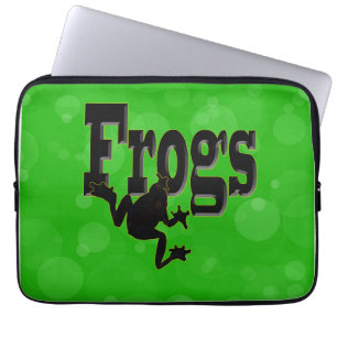Silhouette of a Frog Climbing into the Word 'Frogs Laptop Sleeve