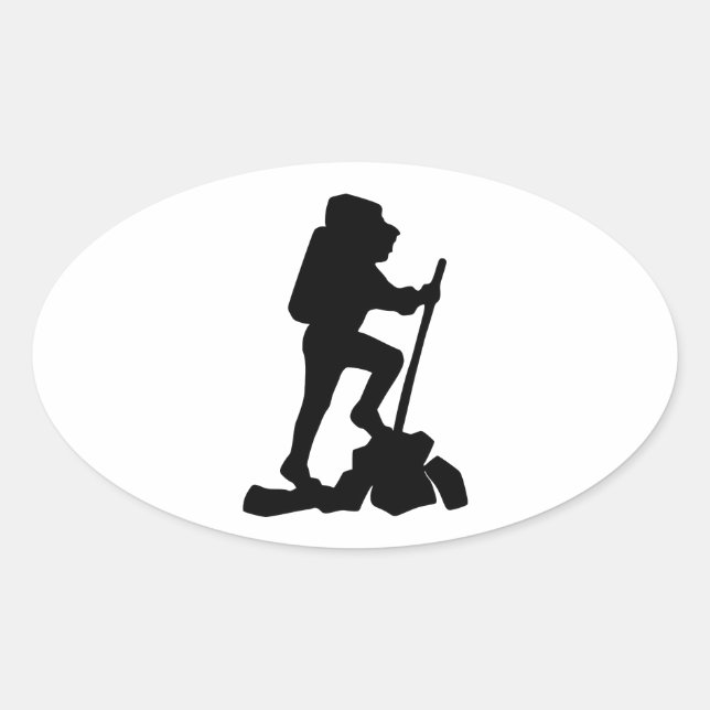 Silhouette of a Hiker Hiking Up a Mountain Oval Sticker (Front)