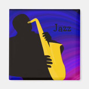 Silhouette of a jazz player, blue & purple magnet
