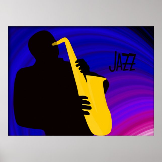 Silhouette of a jazz player, blue & purple poster (Front)