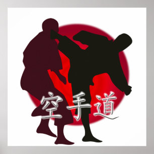 Silhouette of a Karate Fight. Red Sun Background Poster