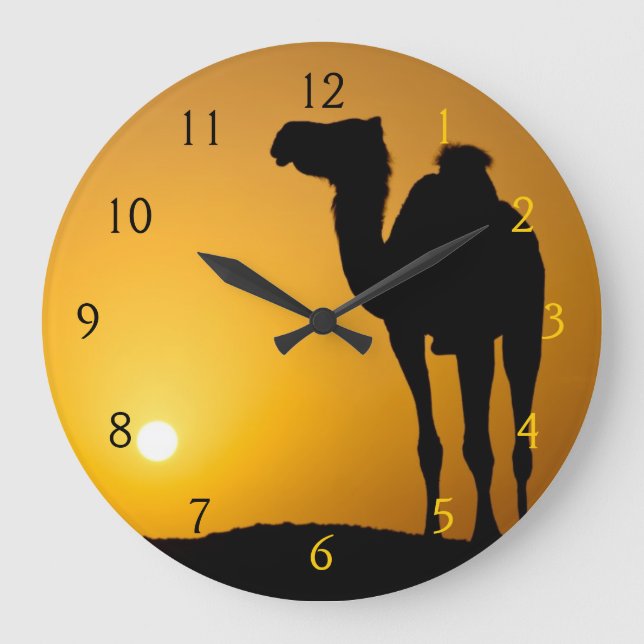 Silhouette of a wild camel at sunset large clock (Front)