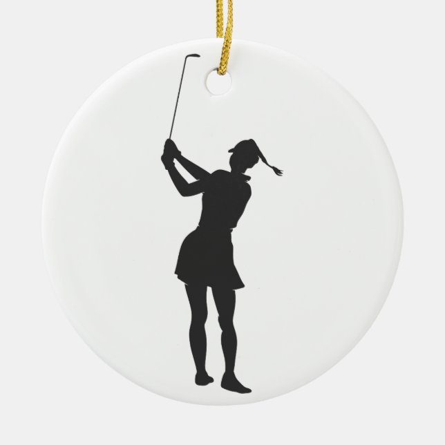 Silhouette of a woman playing golf ceramic ornament (Front)