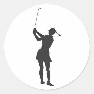 Silhouette of a woman playing golf classic round sticker