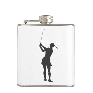 Silhouette of a woman playing golf hip flask
