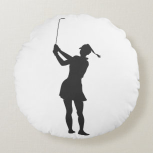 Silhouette of a woman playing golf round cushion