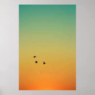 SILHOUETTE OF BIRDS FLYING DURING SUNSET POSTER