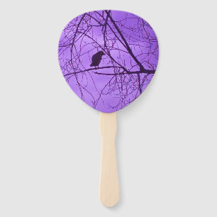 Silhouette of Black Crow Sitting in Trees Purple Hand Fan