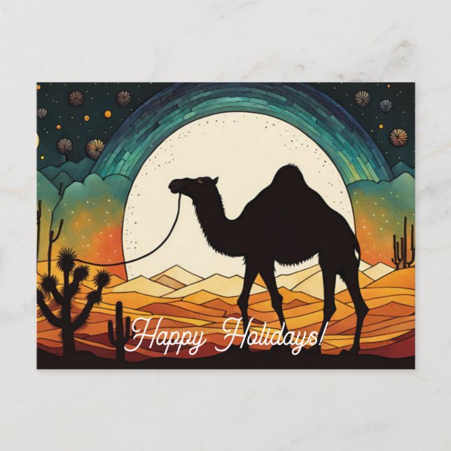 Silhouette of Camel in Desert Happy Holidays Postcard (Front)