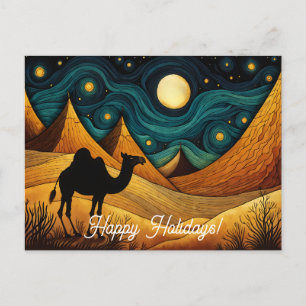 Silhouette of Camel in Desert Night Happy Holidays Postcard