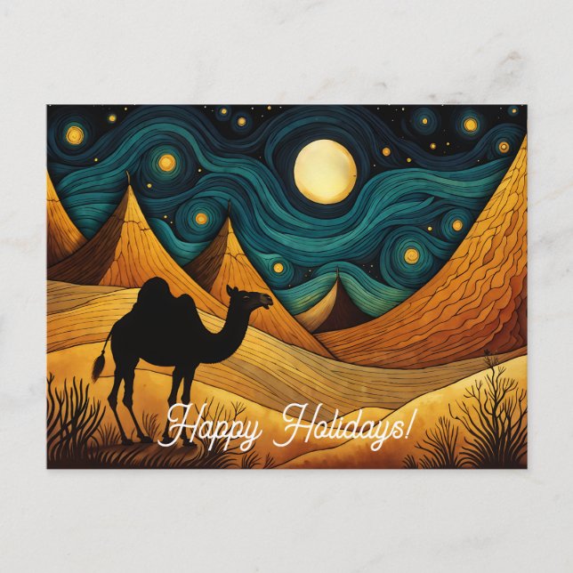 Silhouette of Camel in Desert Night Happy Holidays Postcard (Front)