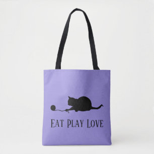 Silhouette of Cat at Play "Eat Play Love" Tote Bag